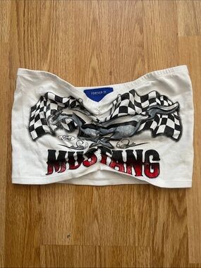 Forever 21 White Bandeau with Mustang Graphic and Checkered Flags